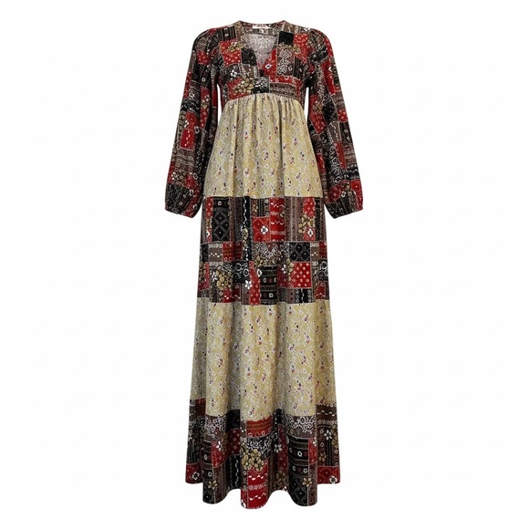 Vintage Dresses & Skirts - Vintage‎ 70s Patchwork Prairie Maxi Dress Balloon Sleeves XS Boho Hippie
